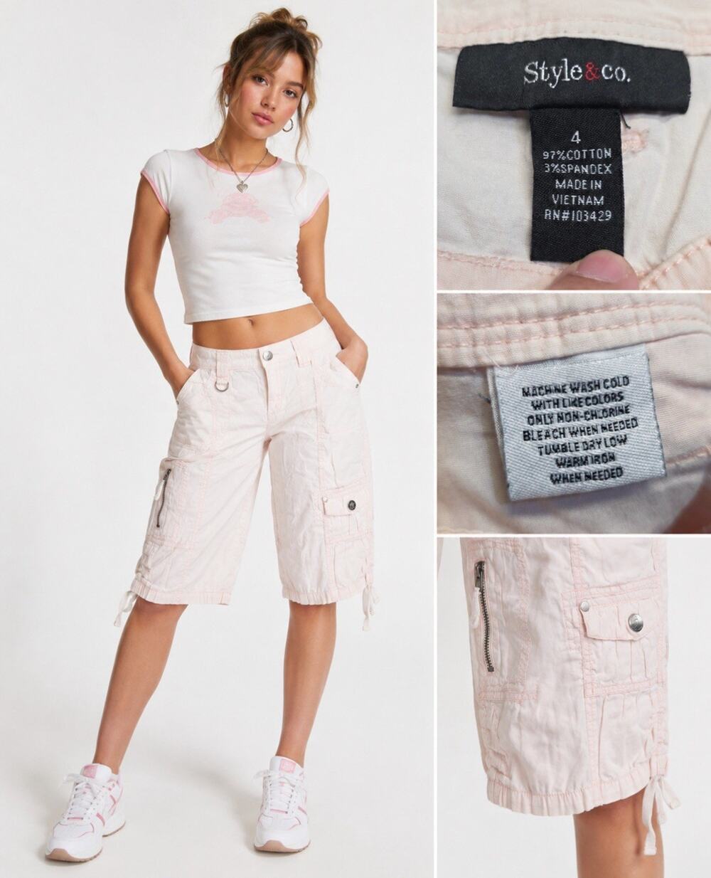Y2K Parachute Indie Sleaze Style&Co Cargo Bermuda Shorts Sz 4 Blush Pink Cotton